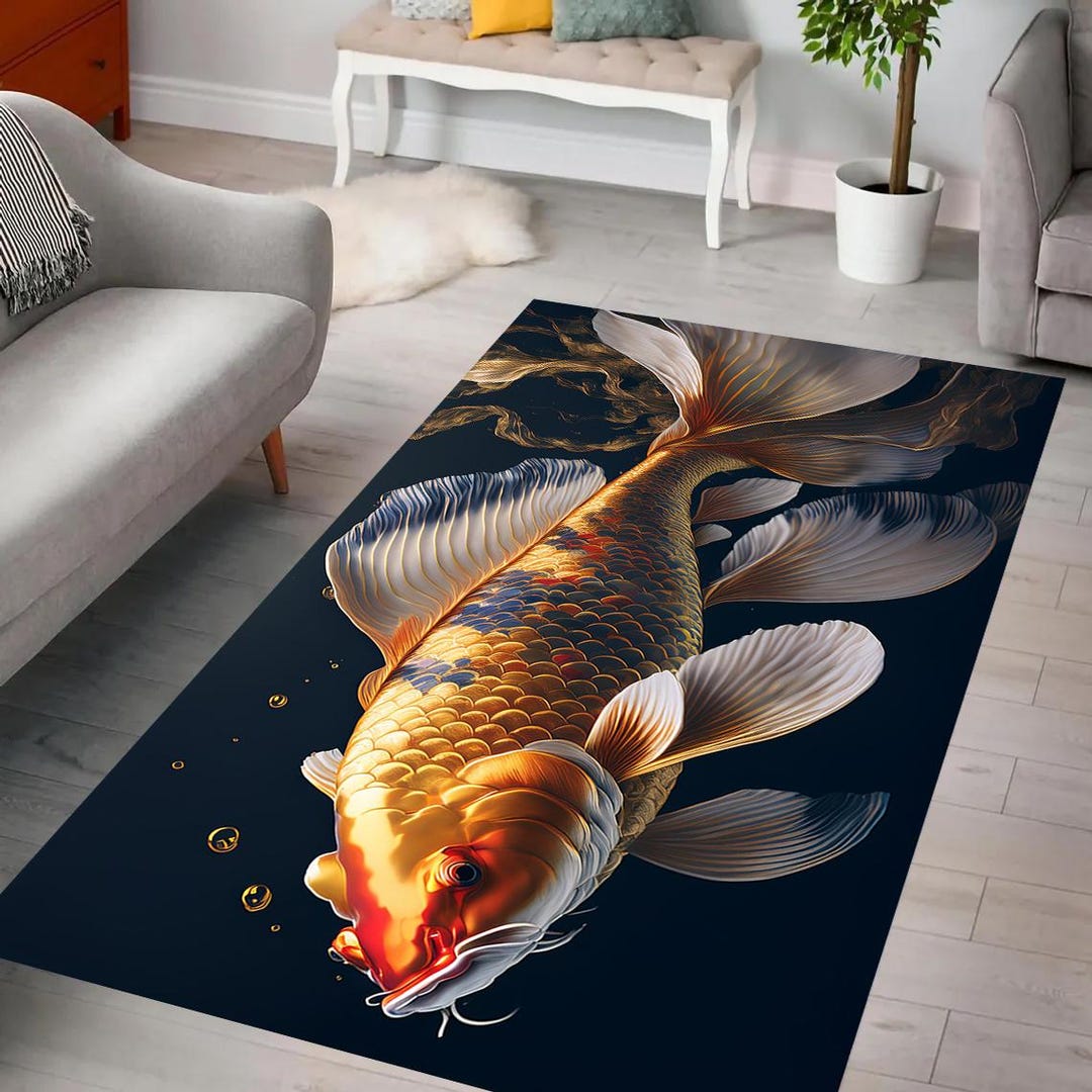 Aquatic Rug Golden Koi Fish Rug, Vibrant Aquatic Rug, Nature Art Rug, Majestic Fins ...