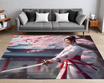 Cherry Rug, Warrior Rug, Samurai Rug, Asian Rug, Sword Rug, Pink Petals Rug, Japanese Rug, Rug Art, Home Decor, Living Room, Bedroom, Gift