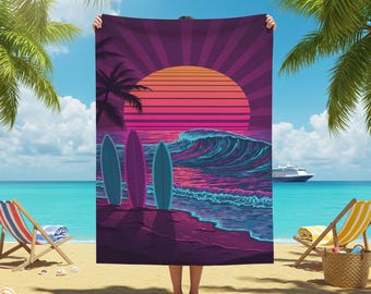 Retro Design Towel, Wave Surfing Sunset Towel, Vibrant Neon Beach Scene, Surfboard Design, Summer Gift for Ocean Lovers, Gift for Her, Him