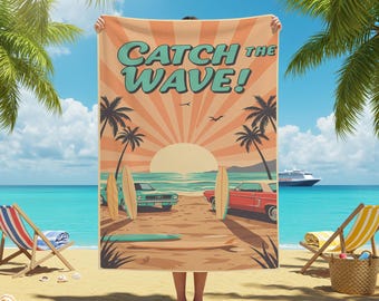 Retro Surf Beach Towel, Vintage Sunset Design, Classic Cars & Surfboards, Catch the Wave, Coastal Vibes Towel, Summer Gift Idea, for Her