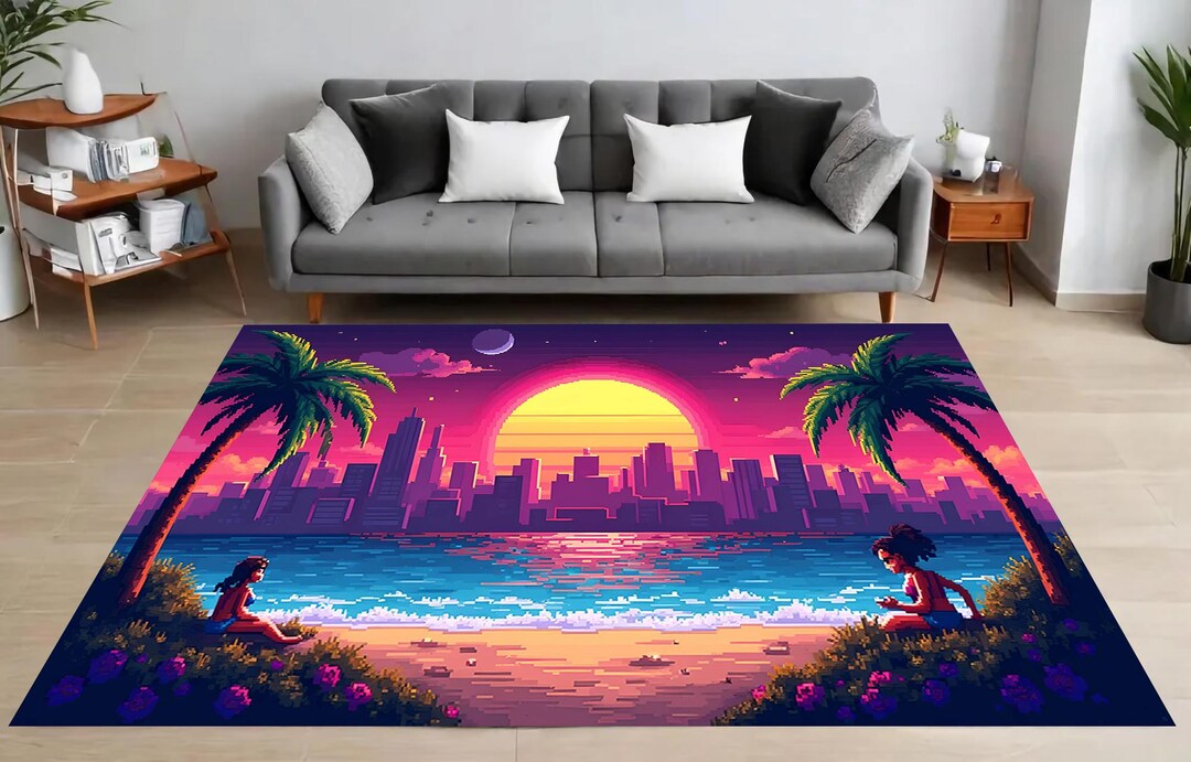 8 Bit Rug Retro Sunset Rug, 8 Bit Pixel Art, Neon Skyline, Palm Trees, Vibrant ...
