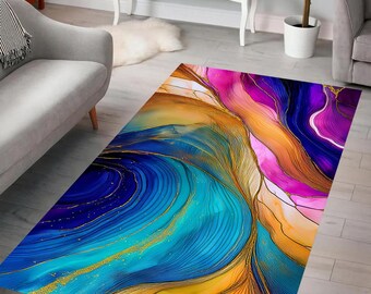 Vibrant  Rug, Abstract Flow Rug, Alcohol Ink Design, Art Rug, Bold Colorful Waves, Floor Decor, Home Decor, Bedroom, Living Room, Gift Idea