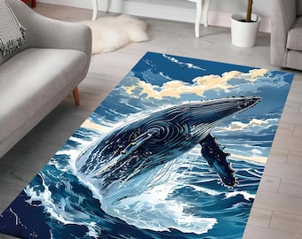 May include: A blue and white rug with a large whale jumping out of the water. The whale is black and has a white underbelly. The water is a deep blue with white waves.