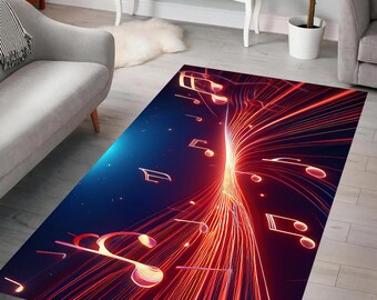 Musical Flow Rug, Neon Music Notes, Vibrant Design, Modern Art Rug, Dynamic Rhythm, Floor Decor, Home Decor, Bedroom, Living Room, Gift Idea