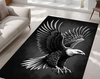 Majestic Eagle Rug, Bold Monochrome Bird Design, Soaring Predator in Flight, Dark Modern Background, Living Room, Bedroom, Office, Gift Idea