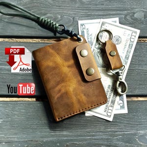 Padrão de carteira de couro em PDF, carteira de caminhoneiro feita à mão com aba, porta-cartões EDC simples faça você mesmo, modelo, padrão de costura em PDF com tutorial em vídeo