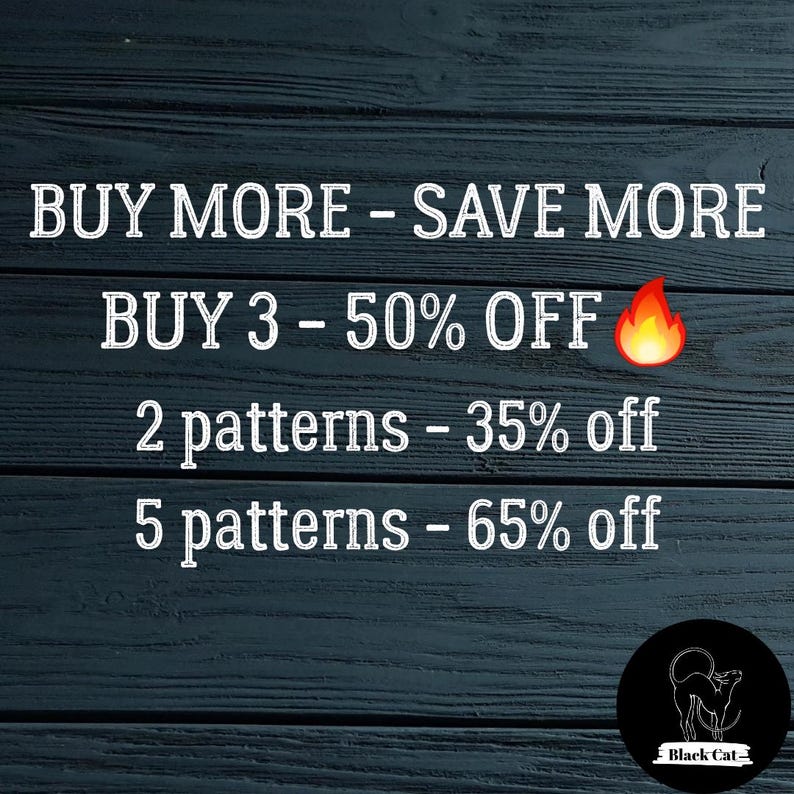 May include: Text on a dark blue wooden background reads "BUY MORE - SAVE MORE." Offers include 50% off for buying 3, 35% off for 2 patterns, and 65% off for 5 patterns. A flame icon is present.