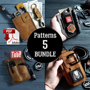 Puede incluir: Una colección de fundas y accesorios EDC (Every Day Carry) de cuero marrón. La imagen incluye una cartera, llaveros y fundas con parches. El texto "Patterns 5 BUNDLE" se muestra en un círculo negro, junto con los logotipos "PDF" y "YouTube".