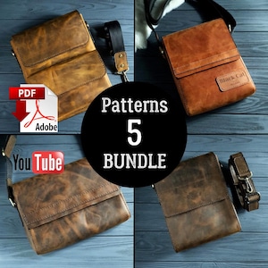 May include: A collection of four brown leather messenger bags with adjustable straps and flap closures. One bag features a rectangular patch with the text Black Cat. The image includes a central black circle with the white text Patterns 5 BUNDLE.