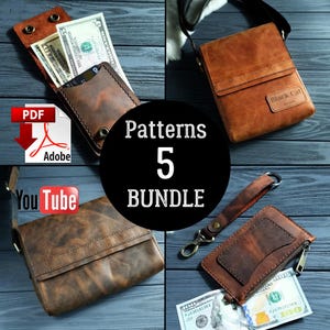 May include: A collection of brown leather wallets and bags, including a crossbody bag, a zippered wallet, and a bi-fold wallet with cash. The image includes the text "Patterns 5 BUNDLE" and Adobe PDF and YouTube icons.