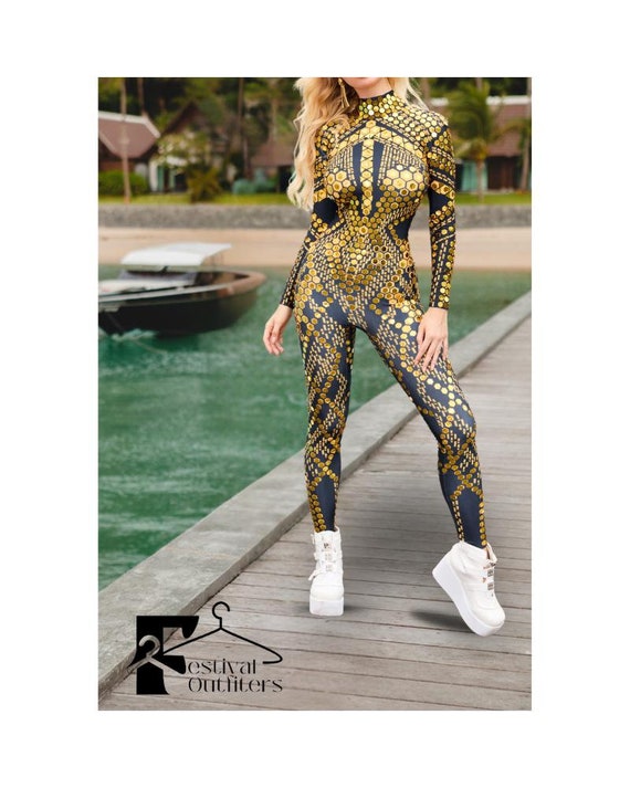 Handmade Gold Sequin Long Sleeves Jumpsuit Diamonds Printed Catsuit Festival Costumes for Women Nightclub Dress Rave Matching Outfit Disco Etsy