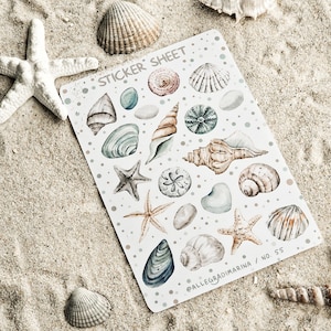 Sticker Sheet Muscheln Seestern Steine A6 | Kiss-Cut Sommer Aufkleber Watercolor für Journal Planer Scrapbook | maritim Küste Meer Urlaub