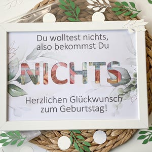 Geldgeschenk Geburtstag – Lustiges Geldposter mit Eukalyptus | „Du wolltest NICHTS, also bekommst Du NICHTS“ – Geschenkidee Boho 501