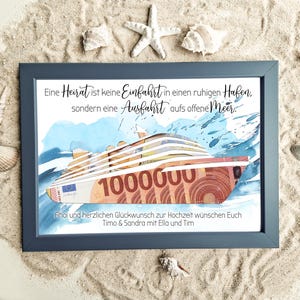 Personalisiertes Geldgeschenk Kreuzfahrt Hochzeit • Geld originell verpacken • Schiff Silhouette • Deko A4 Poster mit/ohne Bilderrahmen