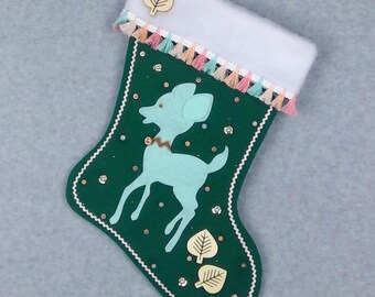 Aqua Retro Deer on Green Felt Handmade Christmas Stocking