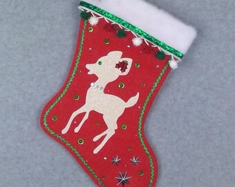 Glittery Retro Deer on Red Felt Handmade Christmas Stocking