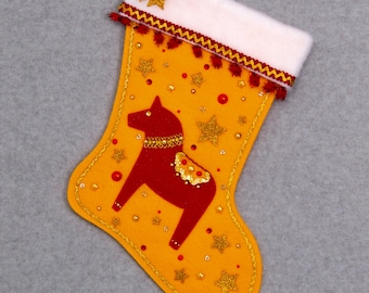 Red Dala Horse on Gold Felt Handmade Christmas Stocking