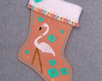 White Flamingo on Coral Felt Handmade Christmas Stocking