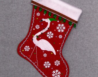 White Flamingo on Red Felt Handmade Christmas Stocking