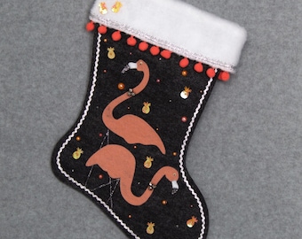 Coral Flamingos on Charcoal Felt Handmade Christmas Stocking