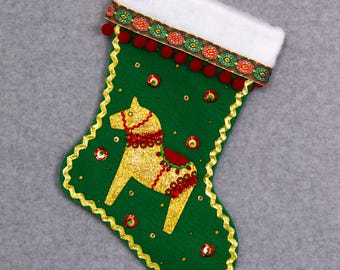 Red Dala Horse on Dark Green Felt Handmade Christmas Stocking
