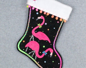 Pink Flamingos on Black Felt Handmade Christmas Stocking