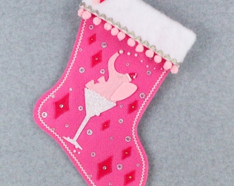 Drunk Elephant on Candy Pink Felt Handmade Christmas Stocking