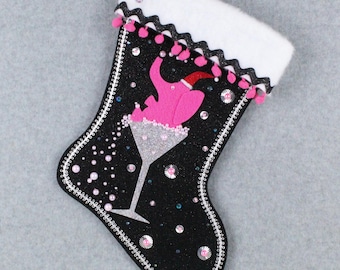 Drunk Elephant on Black Felt Handmade Christmas Stocking