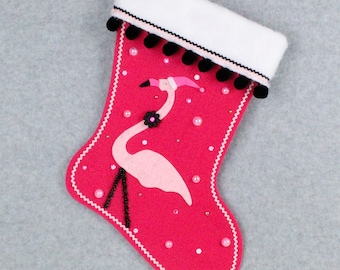Pink Flamingo on Bright Pink Felt Handmade Christmas Stocking