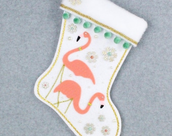 Coral Flamingos on White Felt Handmade Christmas Stocking