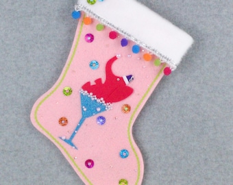 Drunk Elephant on Light Pink Felt Handmade Christmas Stocking