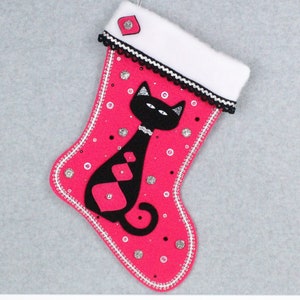 Black Cat #83 Christmas Stocking Bright Pink Shocking Felt Holiday Kitschmas Atomic Decor - Free Personalization & Free US Shipping