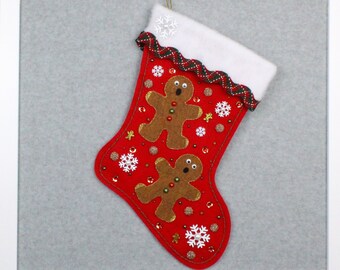 Gingerbread #7 Christmas Stocking Free Personalization Red Felt Kitschy Characters Holiday Xmas Handmade Kitschmas OOAK Handcraft