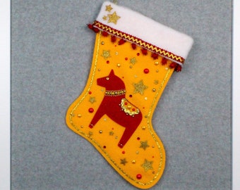Dala Horse #3 Christmas Stocking Free Personalization Red Glitter Gold Felt Stars Danish Kitschmas Salarna Dalecarlian Xmas Holiday Handmade