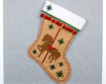 Carousel Horse #4 Holiday Stocking Free Personalization Tan Felt Copper Brown Red Green Decoration Christmas Xmas Handmade Modern Kitsch