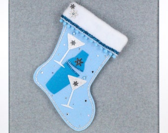 Cocktail #11 Christmas Stocking Free Personalization Light Blue Felt w/ White & Silver Accents Kitschmas Handmade Holiday Cocktails OOAK