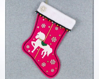 Carousel Horse #7 Christmas Stocking Free Personalization Candy Pink Felt w/ Light Pink Glitter Horse Gold Accents Kitschmas Handmade OOAK