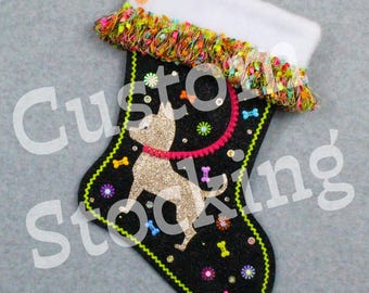 Custom Short Hair Chihuahua Dog Handmade Christmas Stocking with Your Choice of Felt Color, Decoration & Personalization