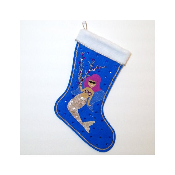 Ethel Mermaid Angel Stocking #4 Kukukitchoo Christmas Xmas Holiday Purple Felt Red Hair Sequins Mythical Sea Creature Fantasy Kitschmas Girl