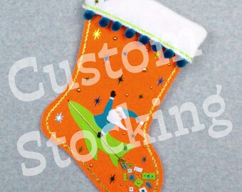 Custom Rocket Santa Handmade Christmas Stocking with Your Choice of Felt Color, Decoration & Personalization