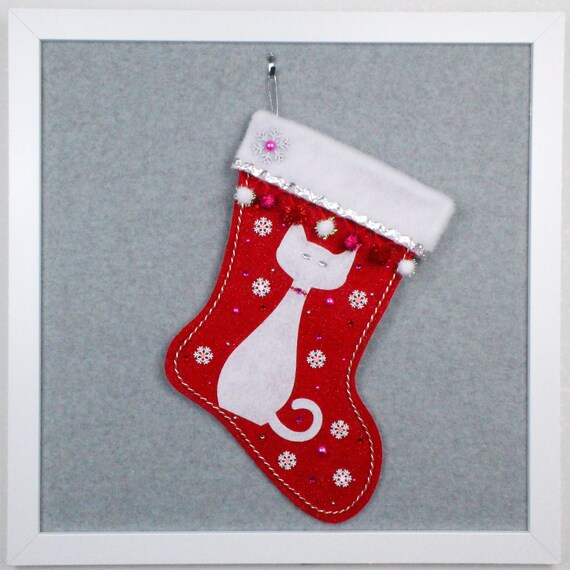 Holiday Christmas Stocking Pets 17 Inch Cat Kitty Dog Puppy Felt Glitter Red 