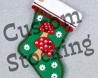 Custom Mushrooms Handmade Christmas Stocking with Your Choice of Felt Color, Decoration & Personalization