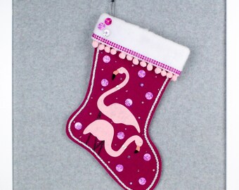 Pink Flamingos on Fuchsia Felt Handmade Christmas Stocking