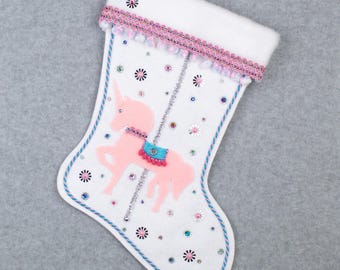 Pink Carousel Unicorn on White Glitter Felt Handmade Christmas Stocking