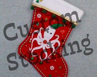 Custom Octopus Handmade Christmas Stocking with Your Choice of Felt Color, Decoration & Personalization