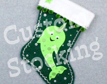 Custom Narwhal Handmade Christmas Stocking with Your Choice of Felt Color, Decoration & Personalization