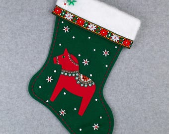 Red Dala Horse on Dark Green Felt Handmade Christmas Stocking