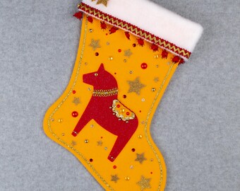 Red Dala Horse on Gold Felt Handmade Christmas Stocking