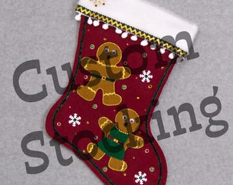 Custom Gingerbread Handmade Christmas Stocking with Your Choice of Felt Color, Decoration & Personalization
