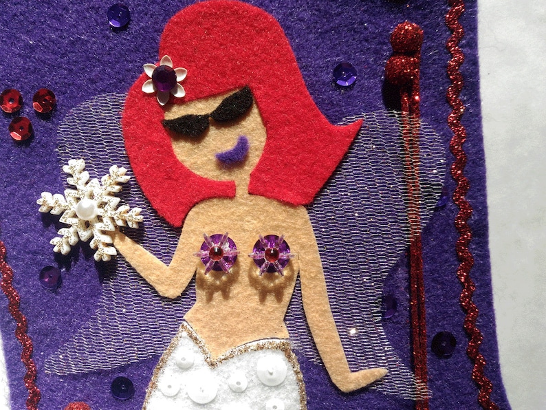Ethel Mermaid Angel Stocking #4 Kukukitchoo Christmas Xmas Holiday Purple Felt Red Hair Sequins Mythical Sea Creature Fantasy Kitschmas Girl
